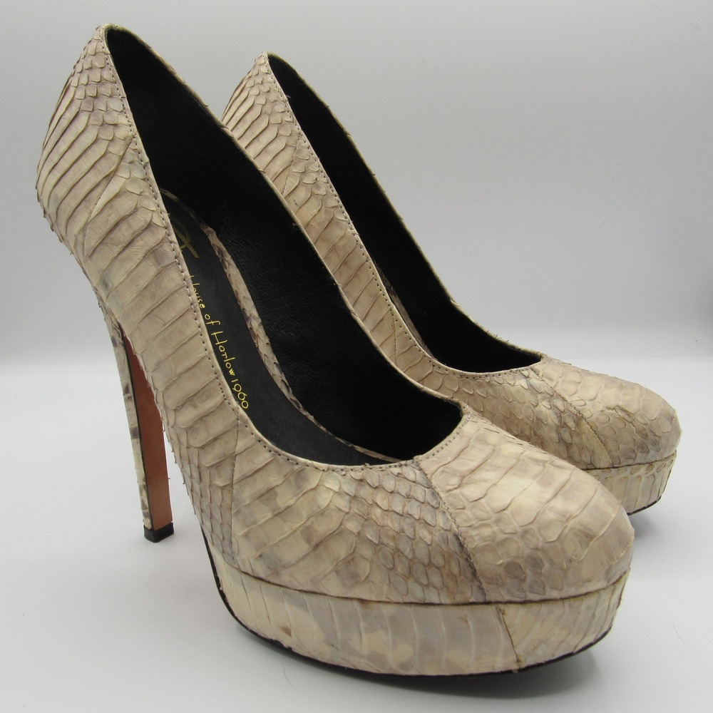 House of Harlow 1960 Platform Pumps Women's 37.5 Beige Snakeskin Embossed